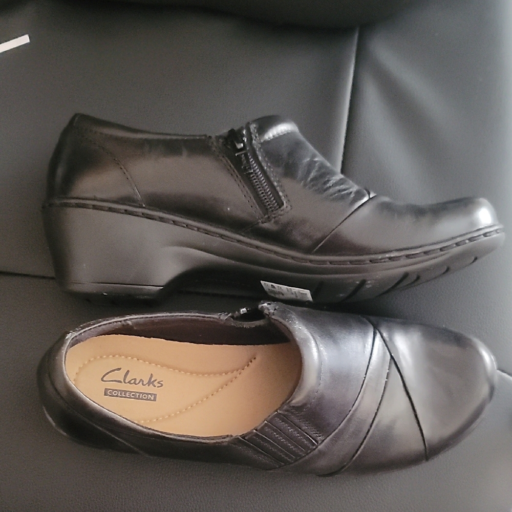 Clarks Black Flats with Slip-On Design and Decorative Vamp
